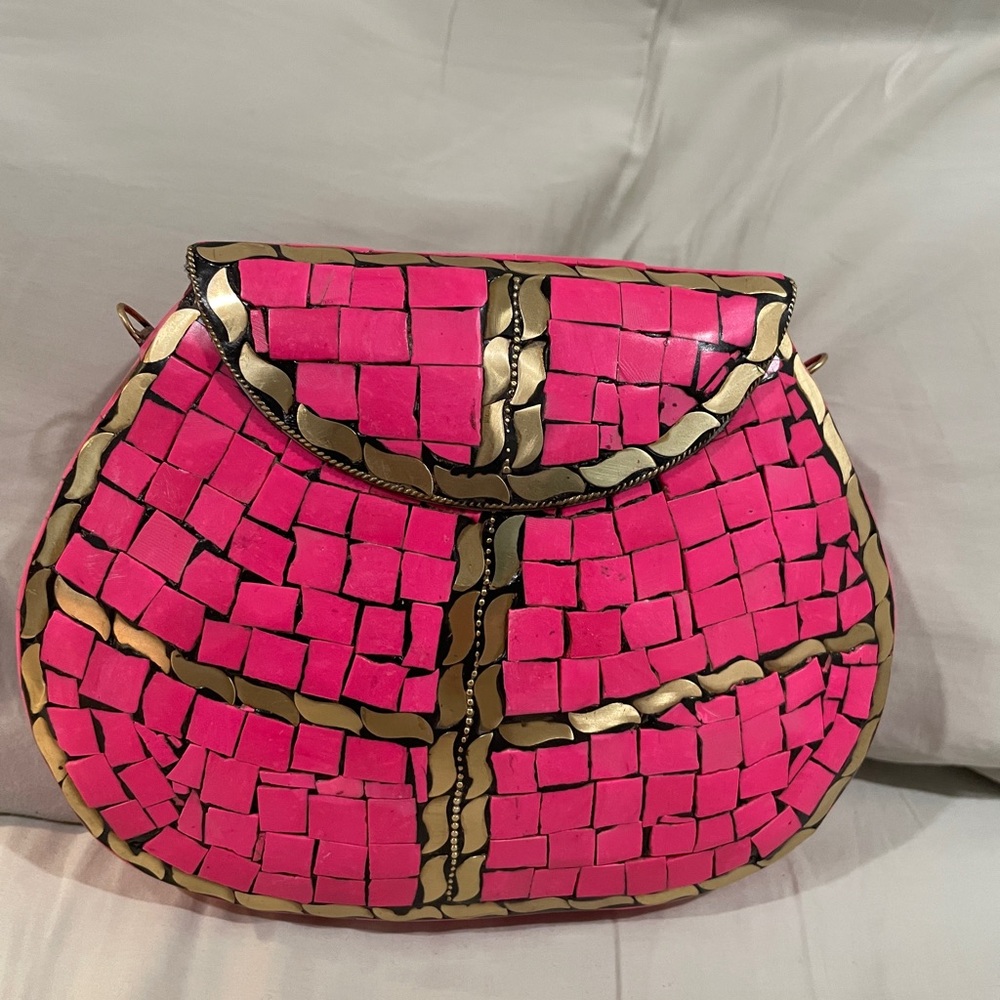 New Ramla Mosaic Handmade Bag Pink and Gold with Detachable Chain Strap
